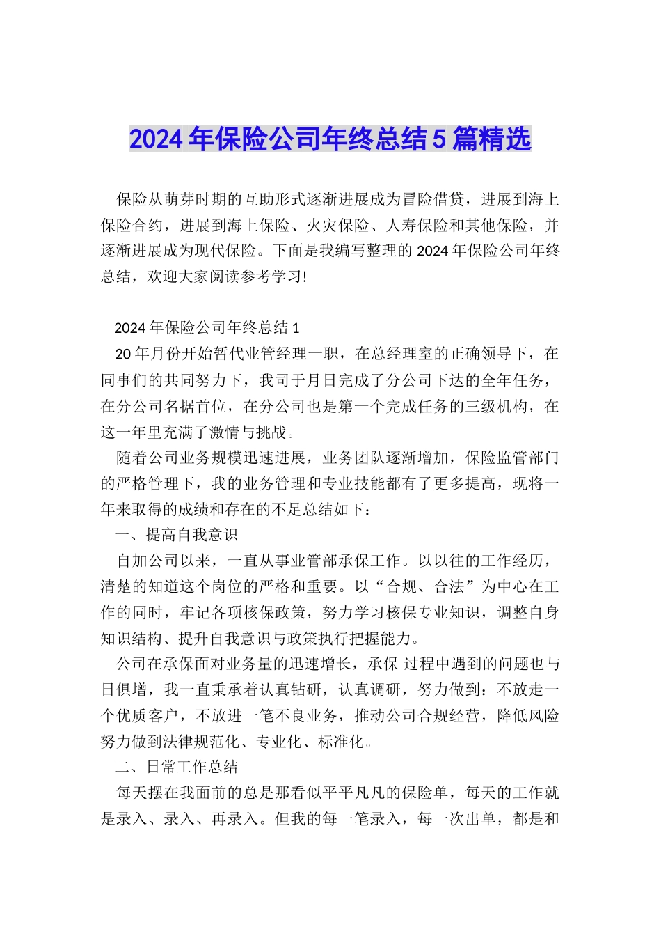 2024年保险公司年终总结5篇精选_第1页