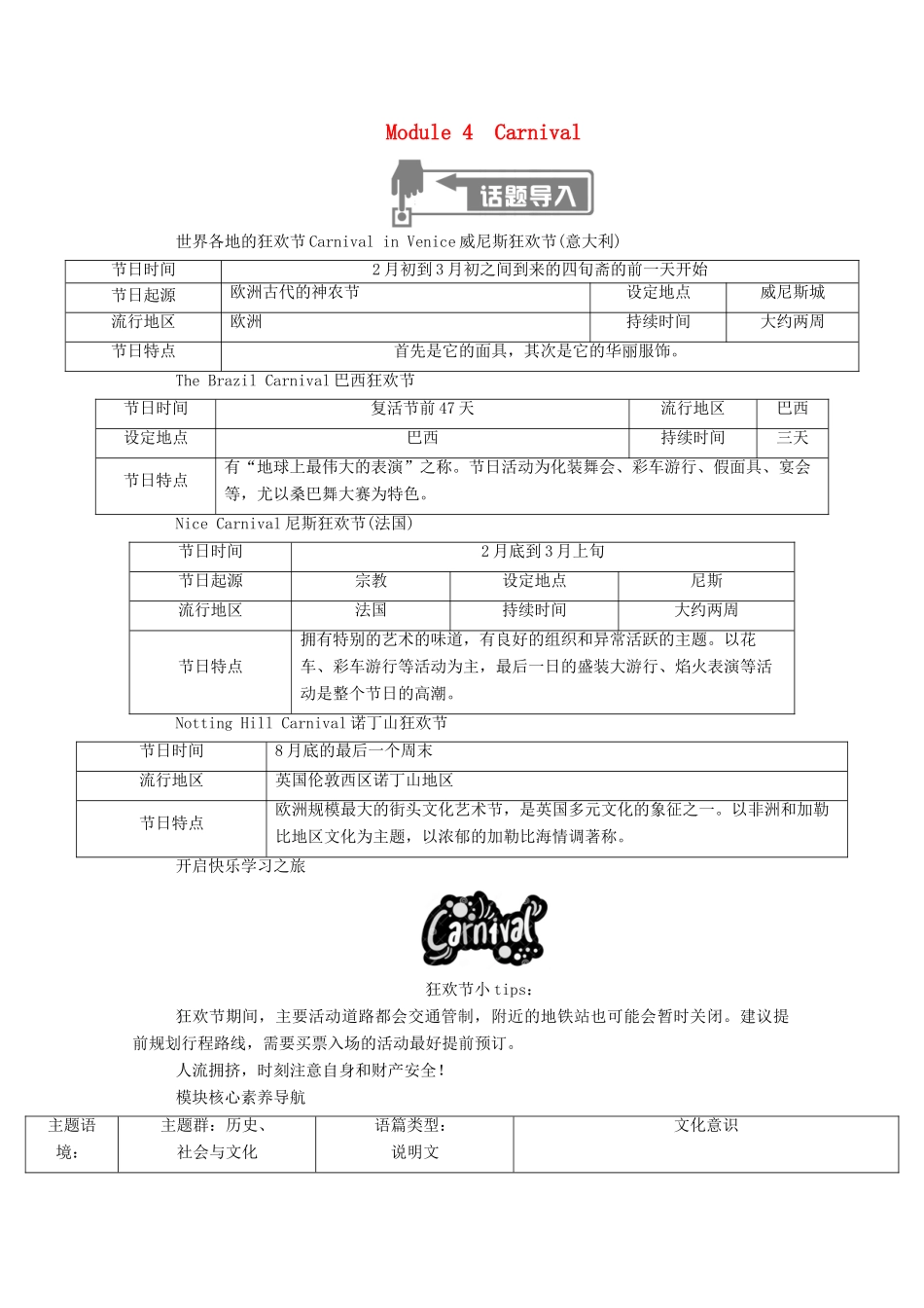 高中英语 Module 4 Carnival SectionⅠ Introduction Reading and Speaking学案（含解析）外研版必修5-外研版高二必修5英语学案_第1页