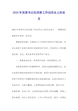 2024年党委书记在巡察工作动员会上的发言