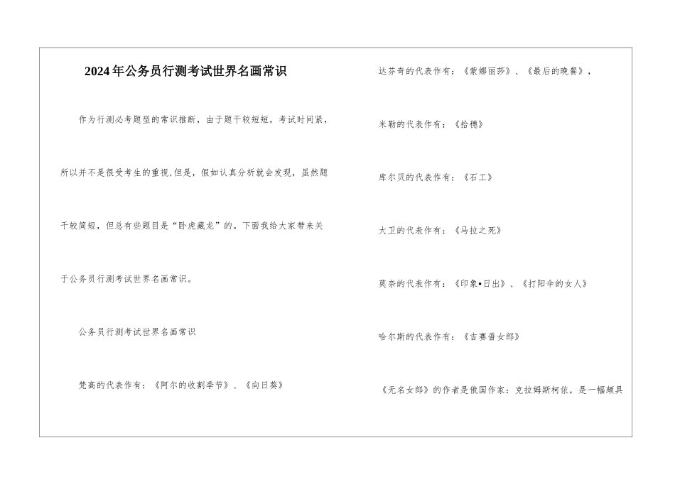 2024年公务员行测考试世界名画常识_第1页
