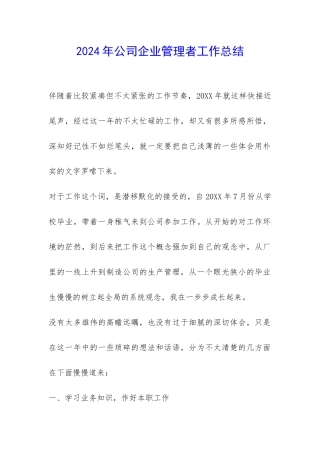 2024年公司企业管理者工作总结-