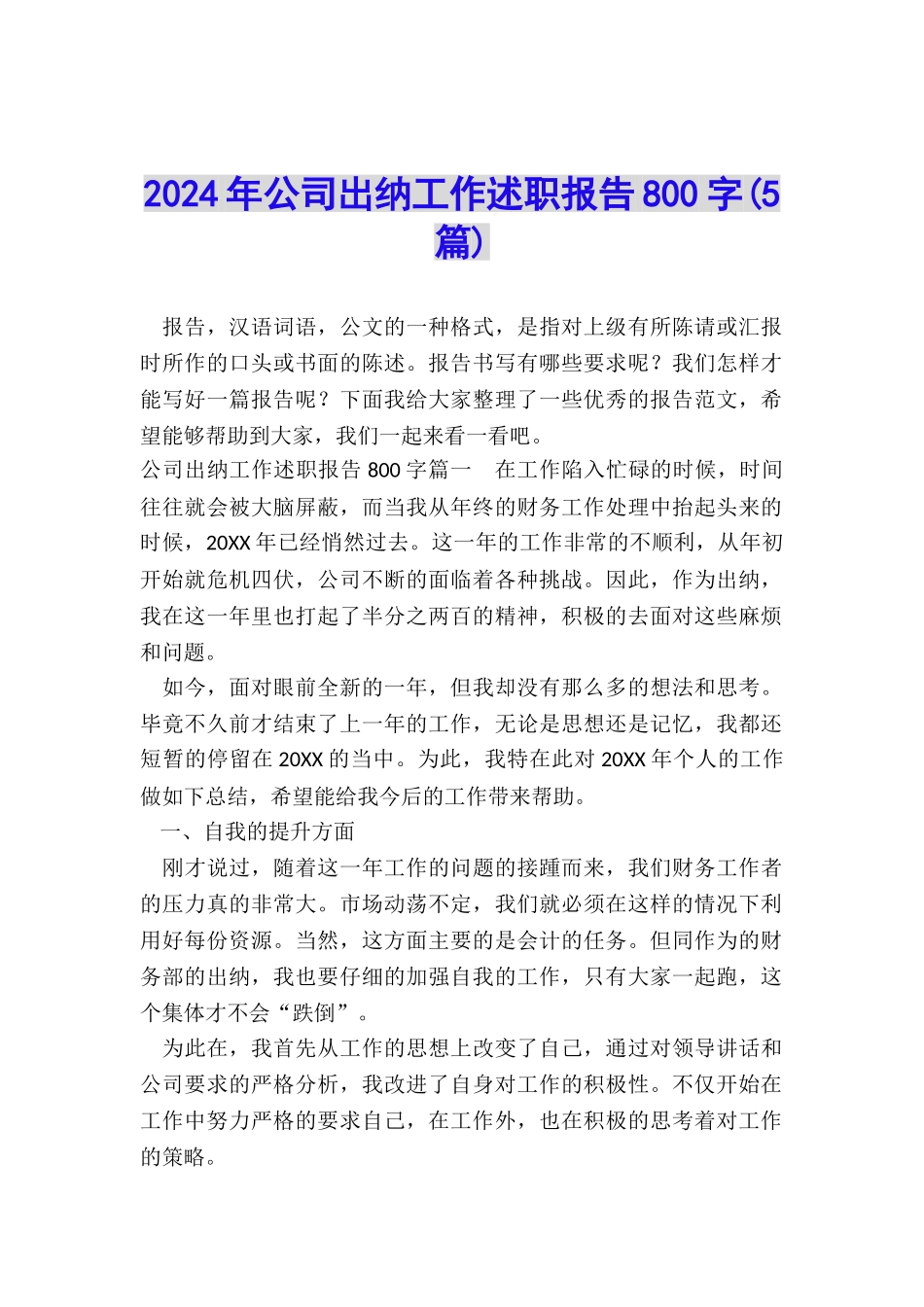 2024年公司出纳工作述职报告800字_第1页