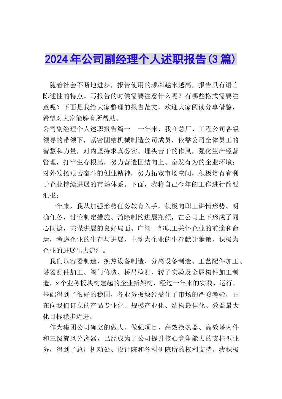 2024年公司副经理个人述职报告_第1页