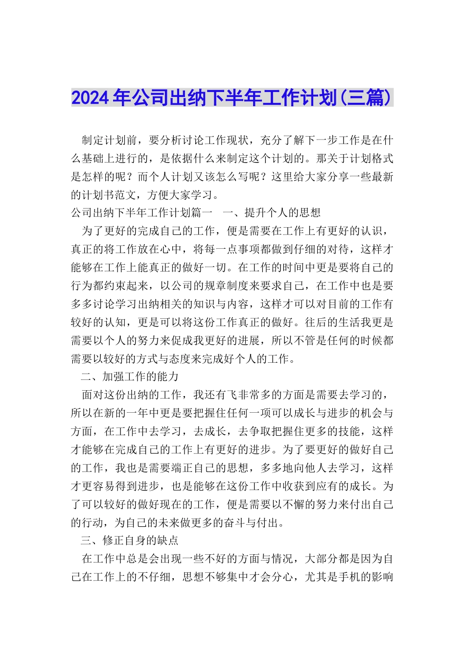 2024年公司出纳下半年工作计划_第1页