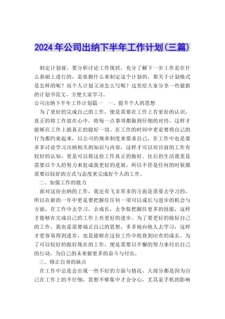 2024年公司出纳下半年工作计划