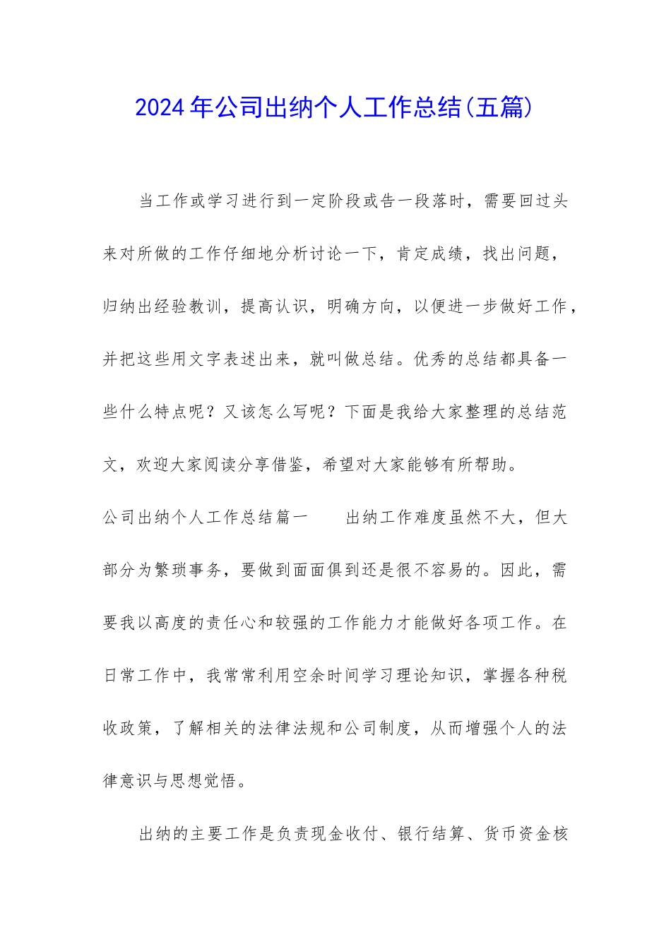 2024年公司出纳个人工作总结_第1页