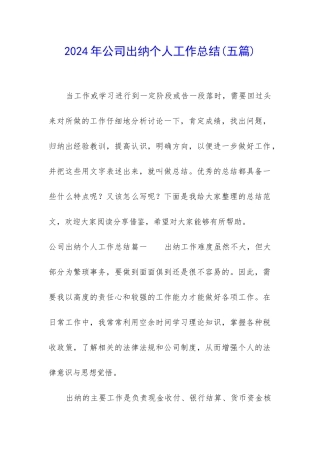 2024年公司出纳个人工作总结