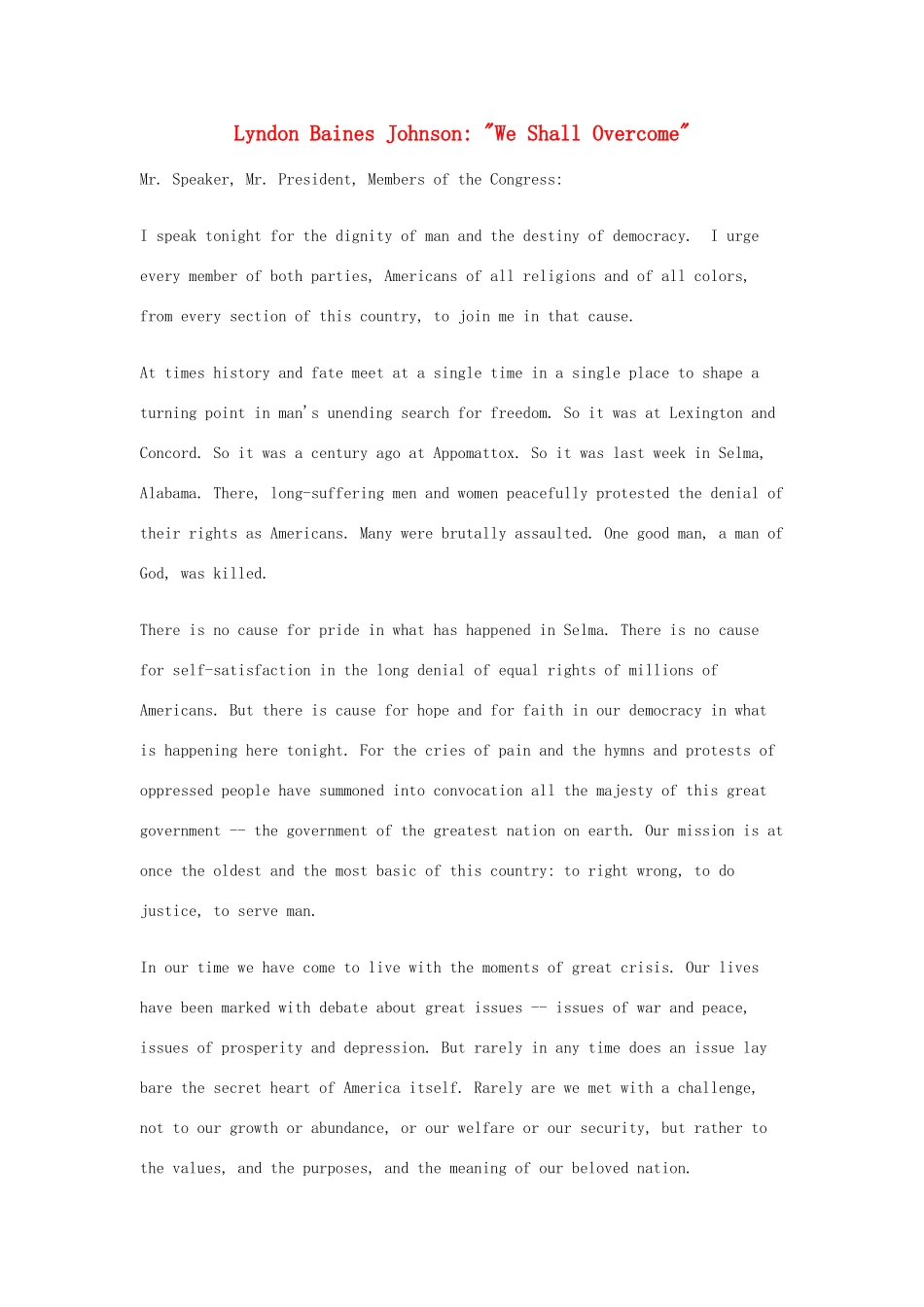 高中英语 50篇经典英文演讲素材 12 Lyndon Baines Johnson：We Shall Overcome-人教版高中全册英语素材_第1页