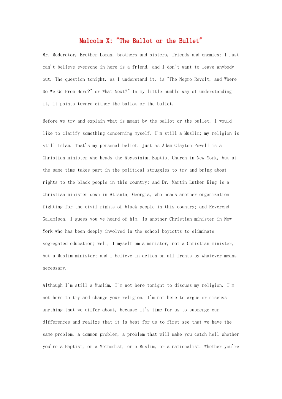 高中英语 50篇经典英文演讲素材 14 Malcolm X：The Ballot or the Bullet-人教版高中全册英语素材_第1页