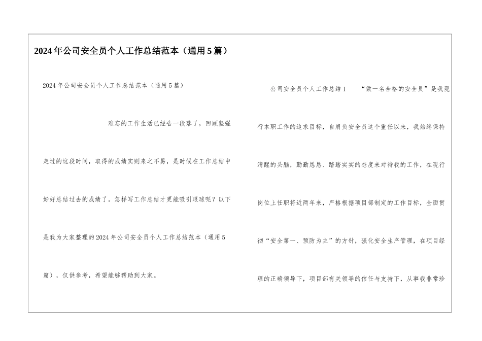 2024年公司安全员个人工作总结范本_第1页