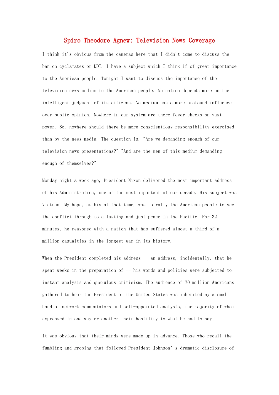 高中英语 50篇经典英文演讲素材 16 Spiro Theodore Agnew：Television News Coverage-人教版高中全册英语素材_第1页