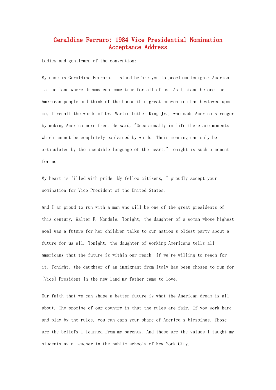 高中英语 50篇经典英文演讲素材 17 Geraldine Ferraro： Vice Presidential Nomination Acceptance Address-人教版高中全册英语素材_第1页