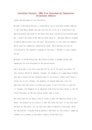 高中英语 50篇经典英文演讲素材 17 Geraldine Ferraro： Vice Presidential Nomination Acceptance Address-人教版高中全册英语素材
