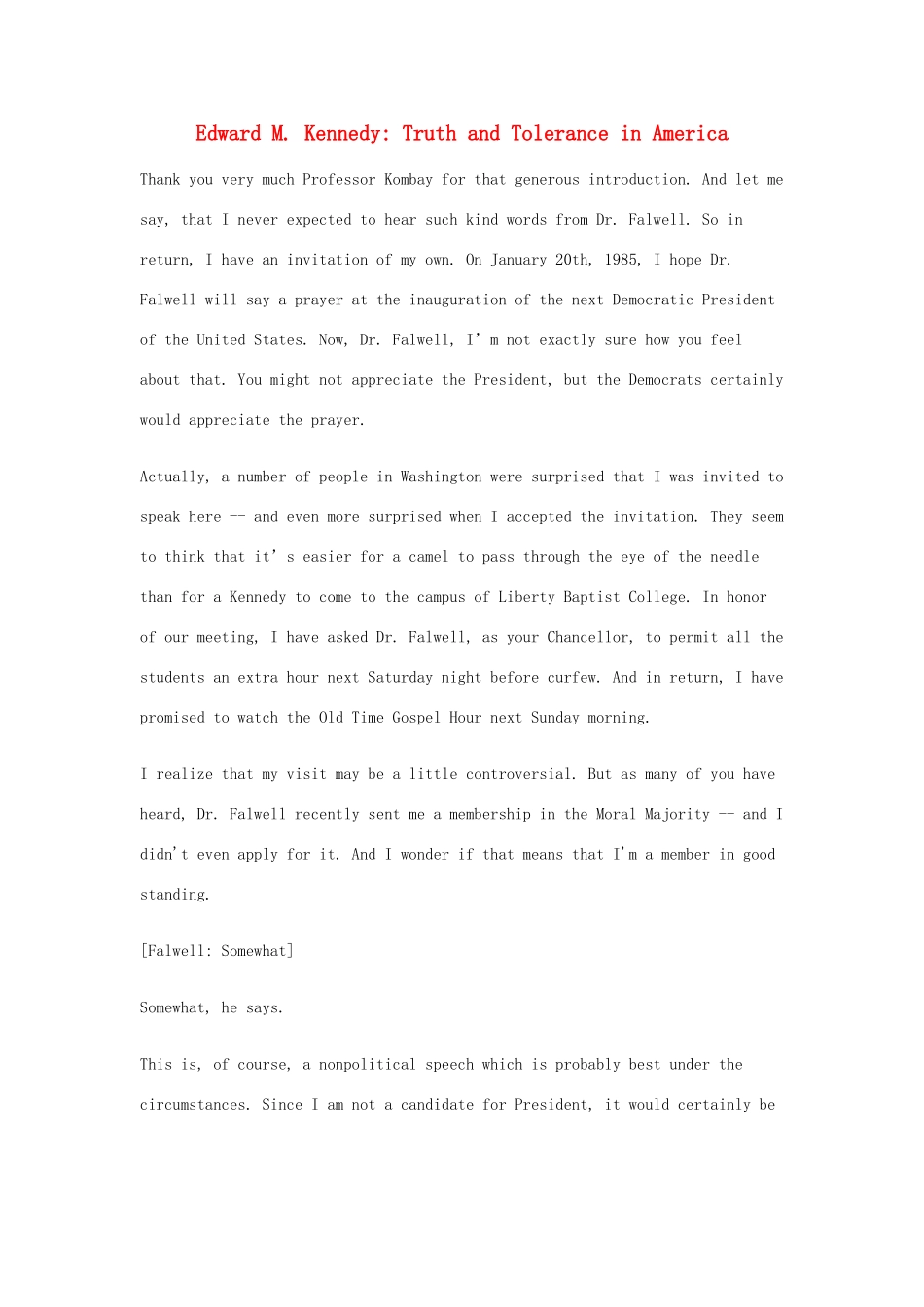 高中英语 50篇经典英文演讲素材 20 Edward M. Kennedy：Truth and Tolerance in America-人教版高中全册英语素材_第1页