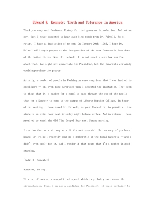 高中英语 50篇经典英文演讲素材 20 Edward M. Kennedy：Truth and Tolerance in America-人教版高中全册英语素材