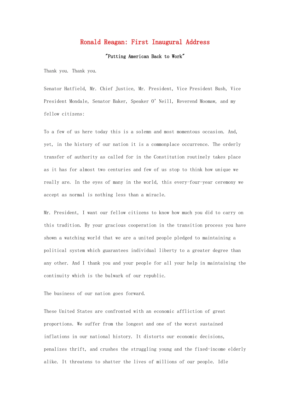 高中英语 50篇经典英文演讲素材 24 Ronald Reagan：First Inaugural Address-人教版高中全册英语素材_第1页