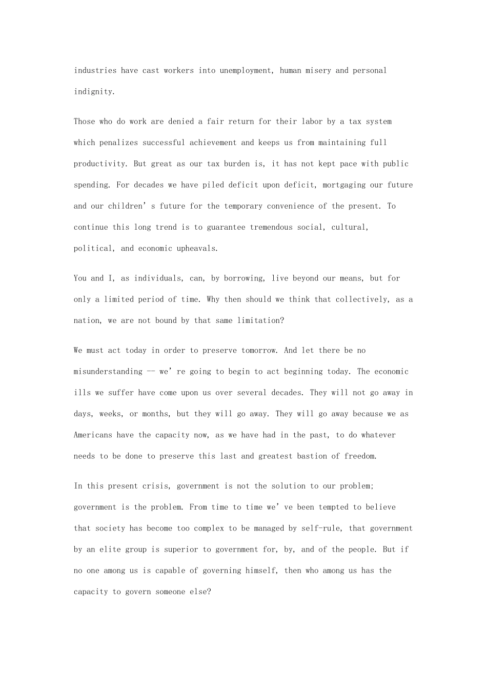 高中英语 50篇经典英文演讲素材 24 Ronald Reagan：First Inaugural Address-人教版高中全册英语素材_第2页