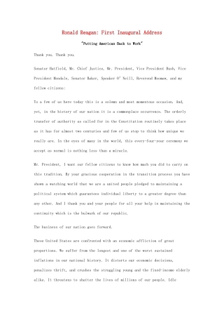 高中英语 50篇经典英文演讲素材 24 Ronald Reagan：First Inaugural Address-人教版高中全册英语素材