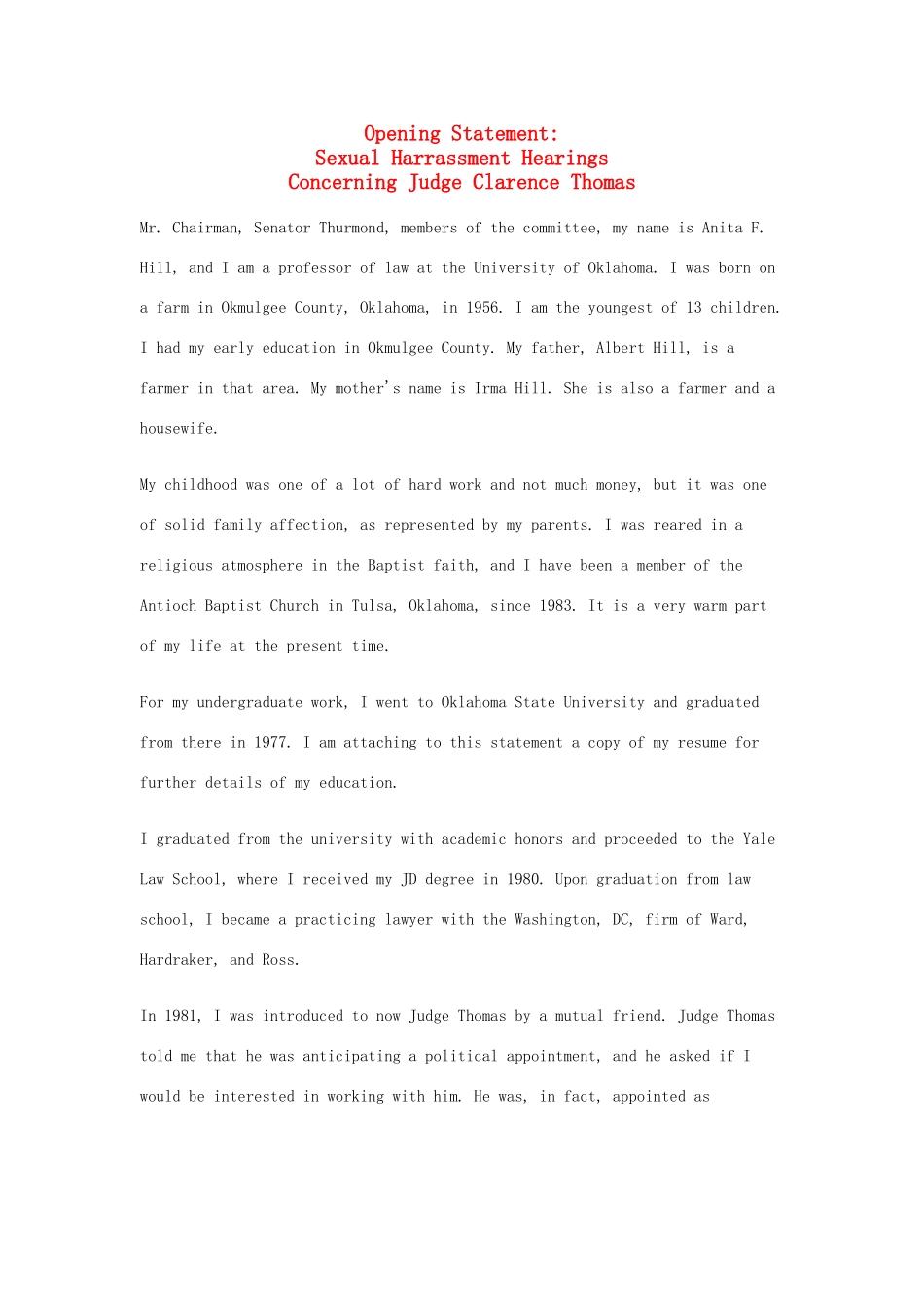 高中英语 50篇经典英文演讲素材 34 Sexual Harrassment Hearings Concerning Judge Clarence Thomas-人教版高中全册英语素材_第1页