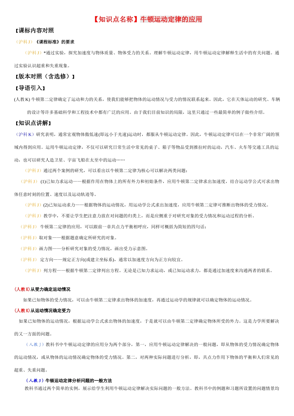 高中物理教师备课资料卡 牛顿运动定律的应用_第1页