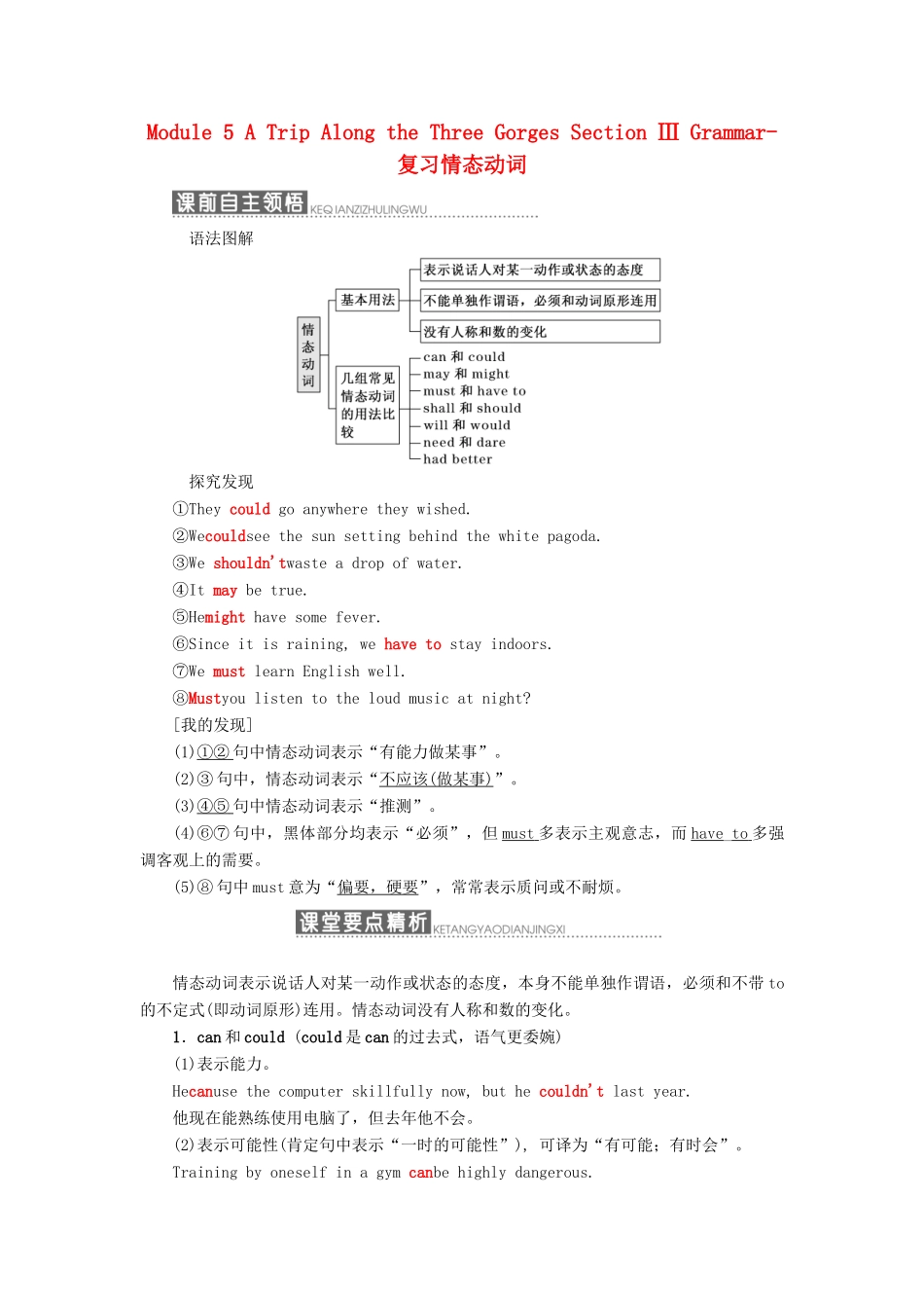 高中英语 Module 5 A Trip Along the Three Gorges Section Ⅲ Grammar-复习情态动词教学案 外研版必修4-外研版高一必修4英语教学案_第1页