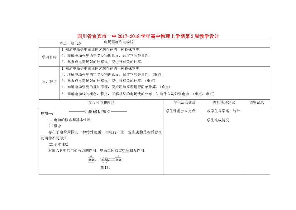 高中物理上学期第2周教学设计-人教版高中全册物理教案_第1页