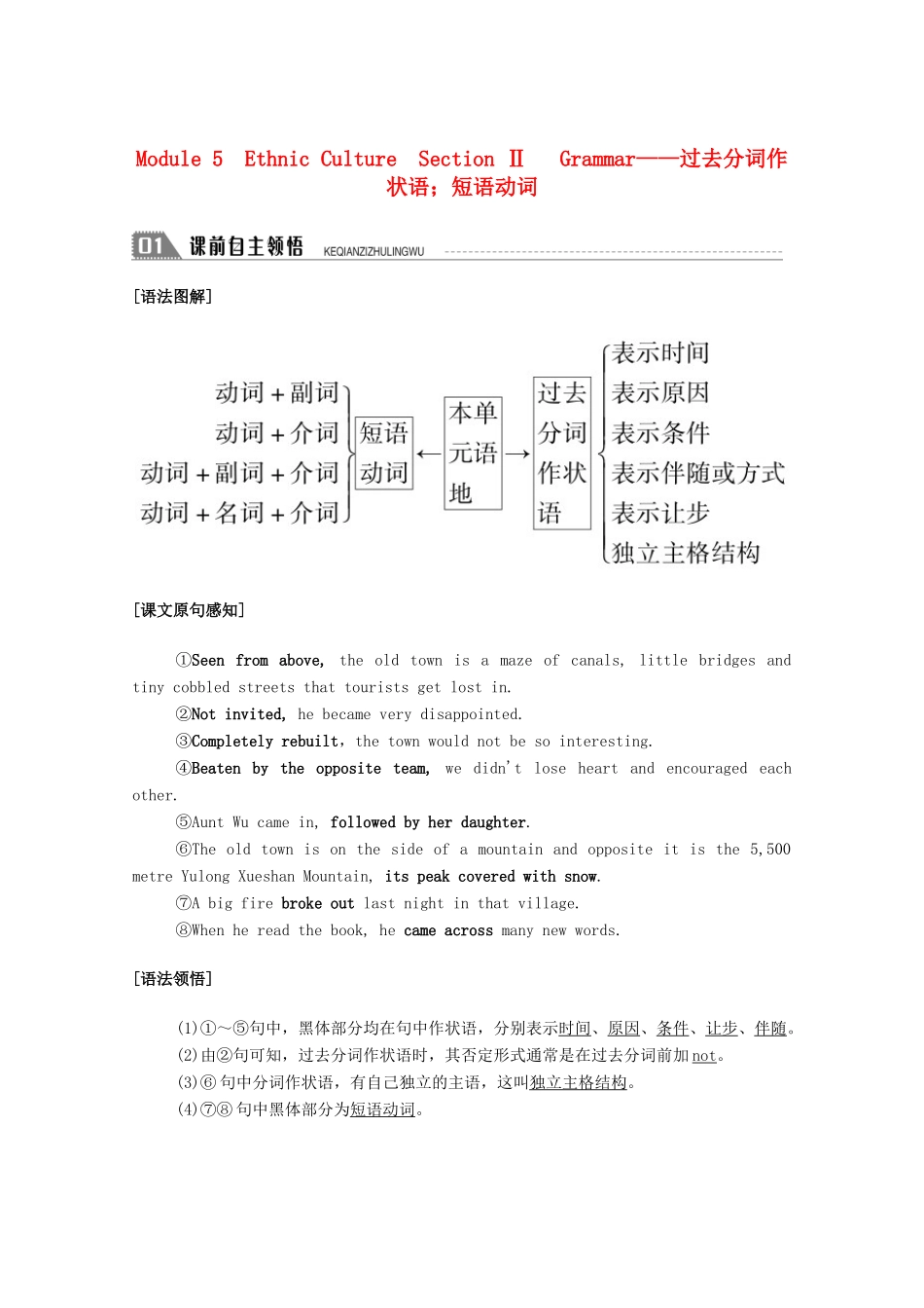 高中英语 Module 5 Ethnic Culture Section Ⅱ Grammar—过去分词作状语；短语动词学案（含解析）外研版选修7-外研版高二选修7英语学案_第1页