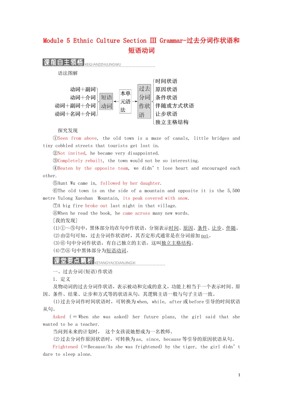 高中英语 Module 5 Ethnic Culture Section Ⅲ Grammar-过去分词作状语和短语动词教学案 外研版选修7-外研版高二选修7英语教学案_第1页