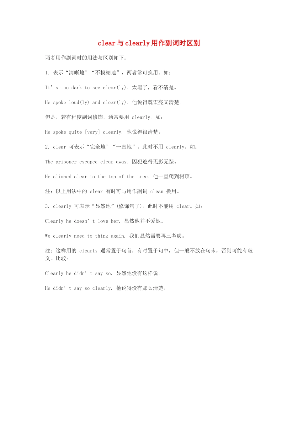 高中英语 clear与clearly用作副词时区别_第1页