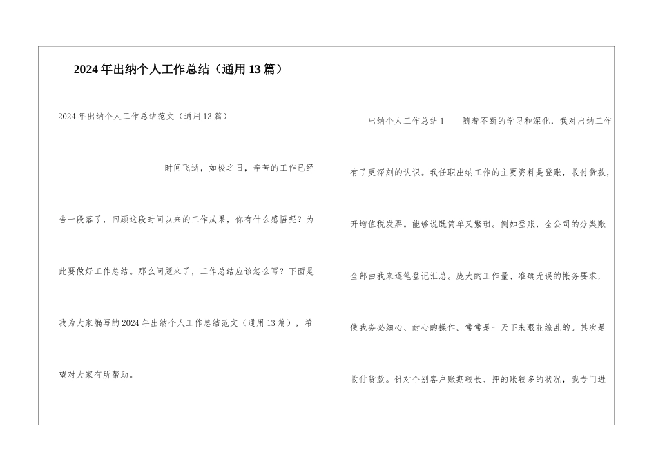 2024年出纳个人工作总结_第1页