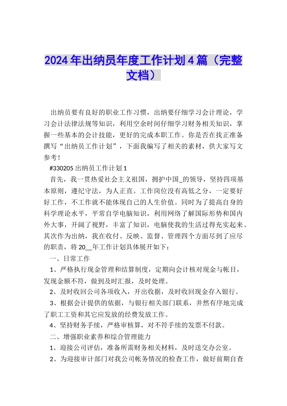 2024年出纳员年度工作计划4篇_第1页