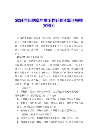 2024年出纳员年度工作计划4篇