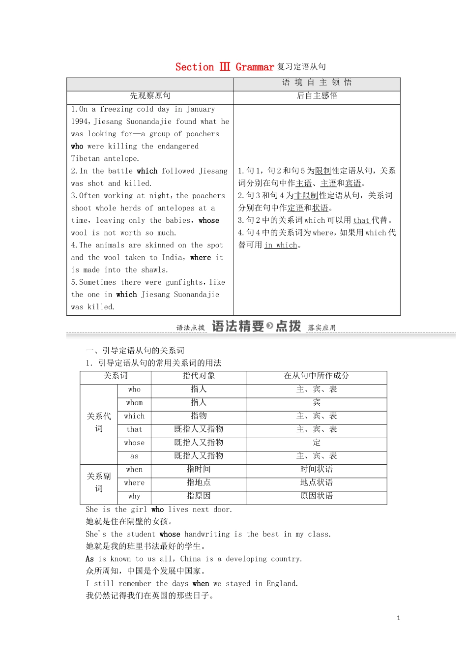 高中英语 Module 6 Animals in Danger Section Ⅲ Grammar 复习定语从句学案 外研版必修5-外研版高二必修5英语学案_第1页