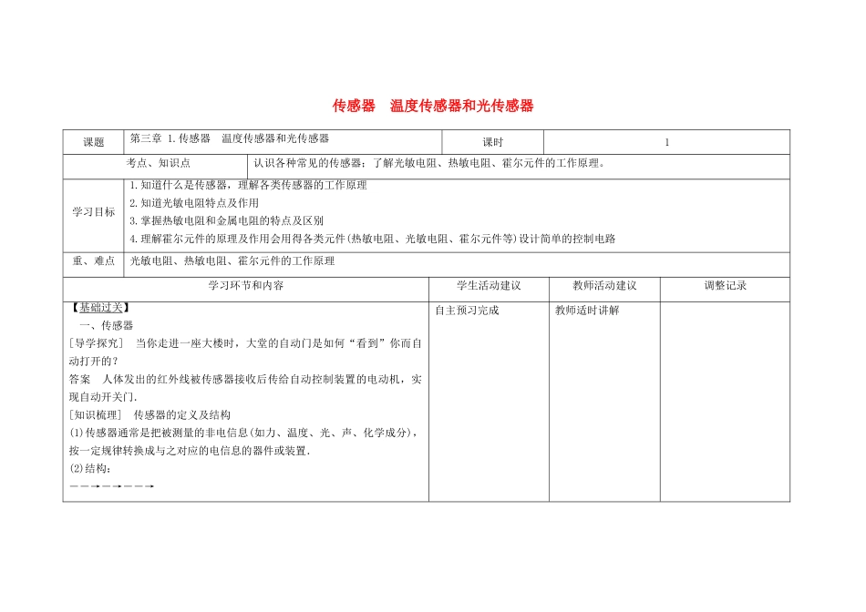 高中物理下学期第一周 传感器 温度传感器和光传感器教学设计-人教版高中全册物理教案_第1页