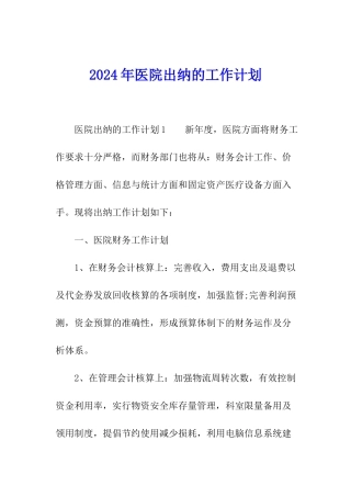 2024年医院出纳的工作计划