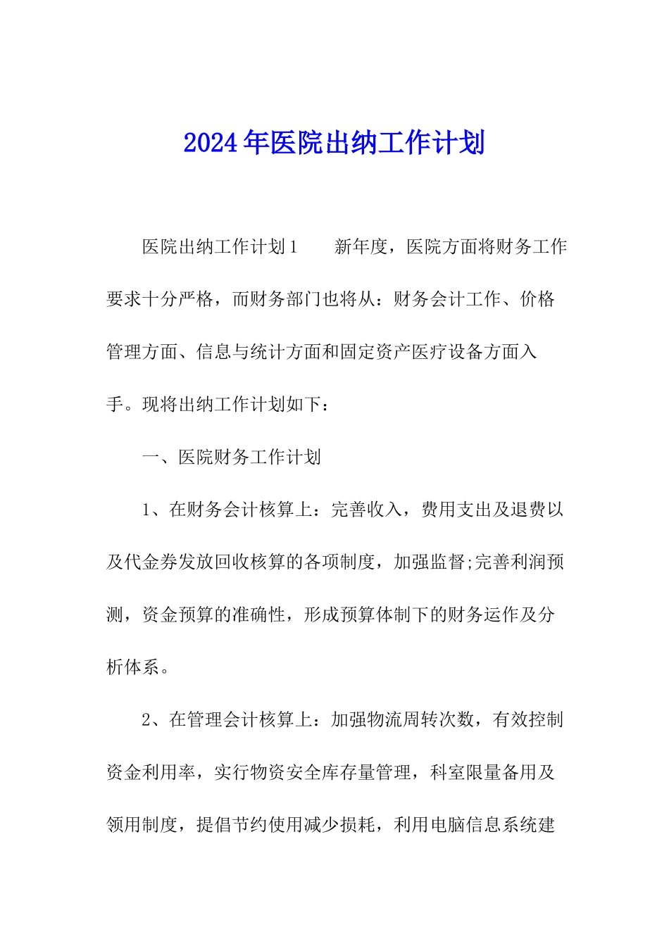 2024年医院出纳工作计划_第1页
