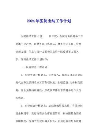 2024年医院出纳工作计划