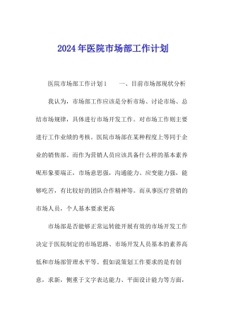 2024年医院市场部工作计划