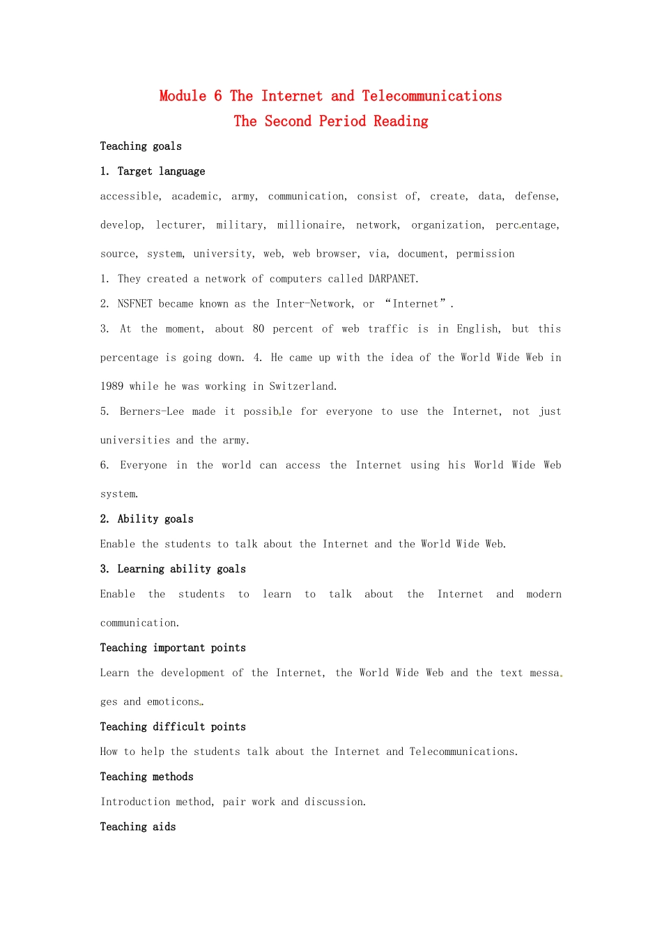 高中英语 Module 6 The Internet and Telecommuniations教案1 外研版必修1-外研版高一必修1英语教案_第1页