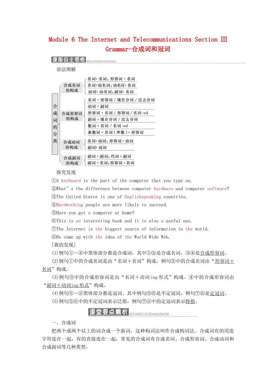 高中英语 Module 6 The Internet and Telecommunications Section Ⅲ Grammar-合成词和冠词教学案 外研版必修1-外研版高一必修1英语教学案_第1页