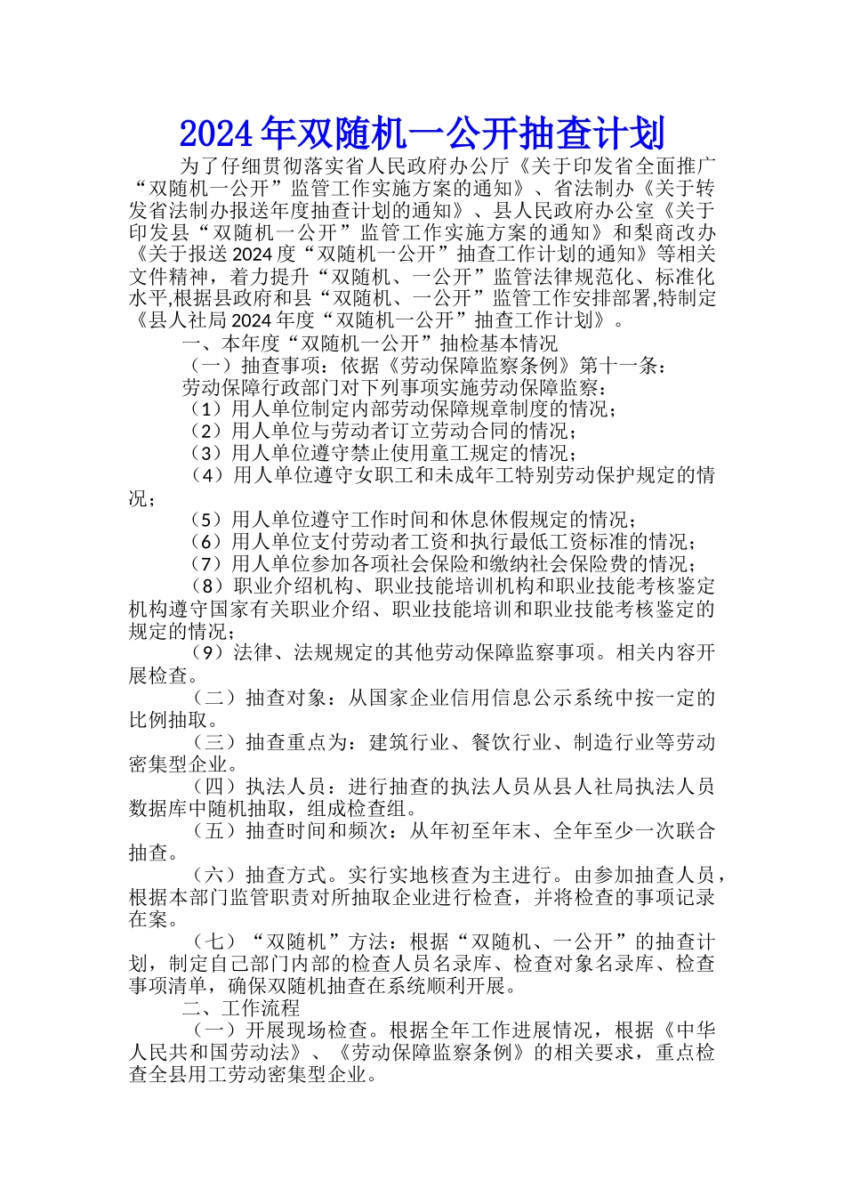 2024年双随机一公开抽查计划_第1页