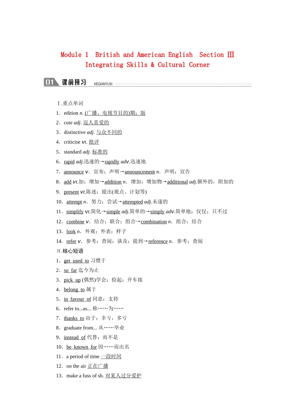 高中英语 Module 1 British and American English Section Ⅲ Integrating Skills Cultural Corner学案（含解析）外研版必修5-外研版高二必修5英语学案_第1页