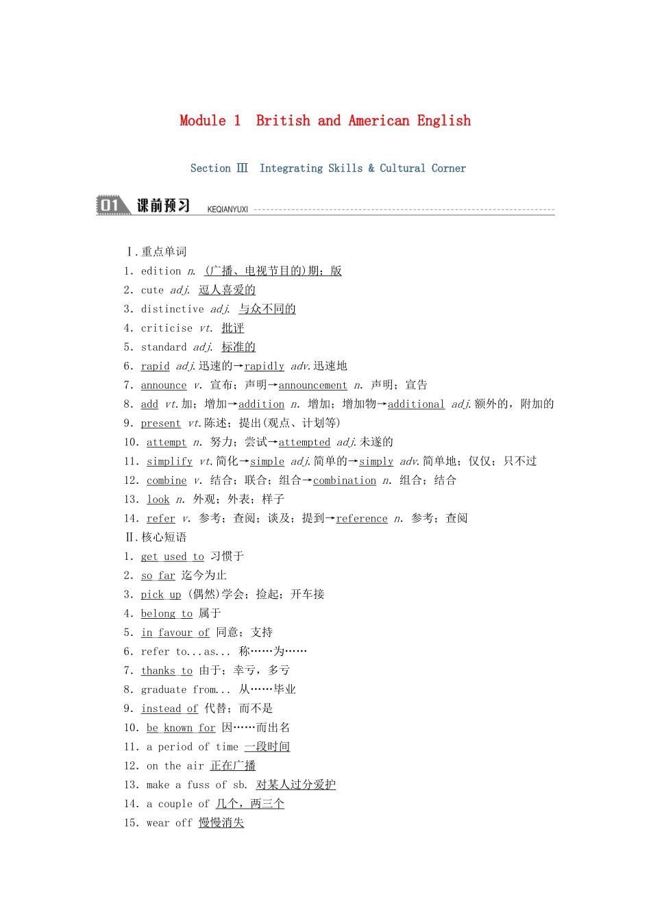 高中英语 Module 1 British and American English Section Ⅲ Integrating Skills Cultural Corner学案（含解析）外研版必修5-外研版高中必修5英语学案_第1页