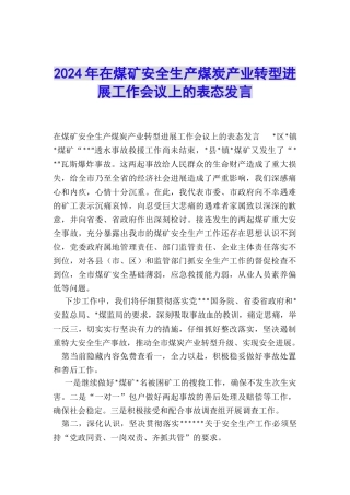 2024年在煤矿安全生产煤炭产业转型发展工作会议上的表态发言