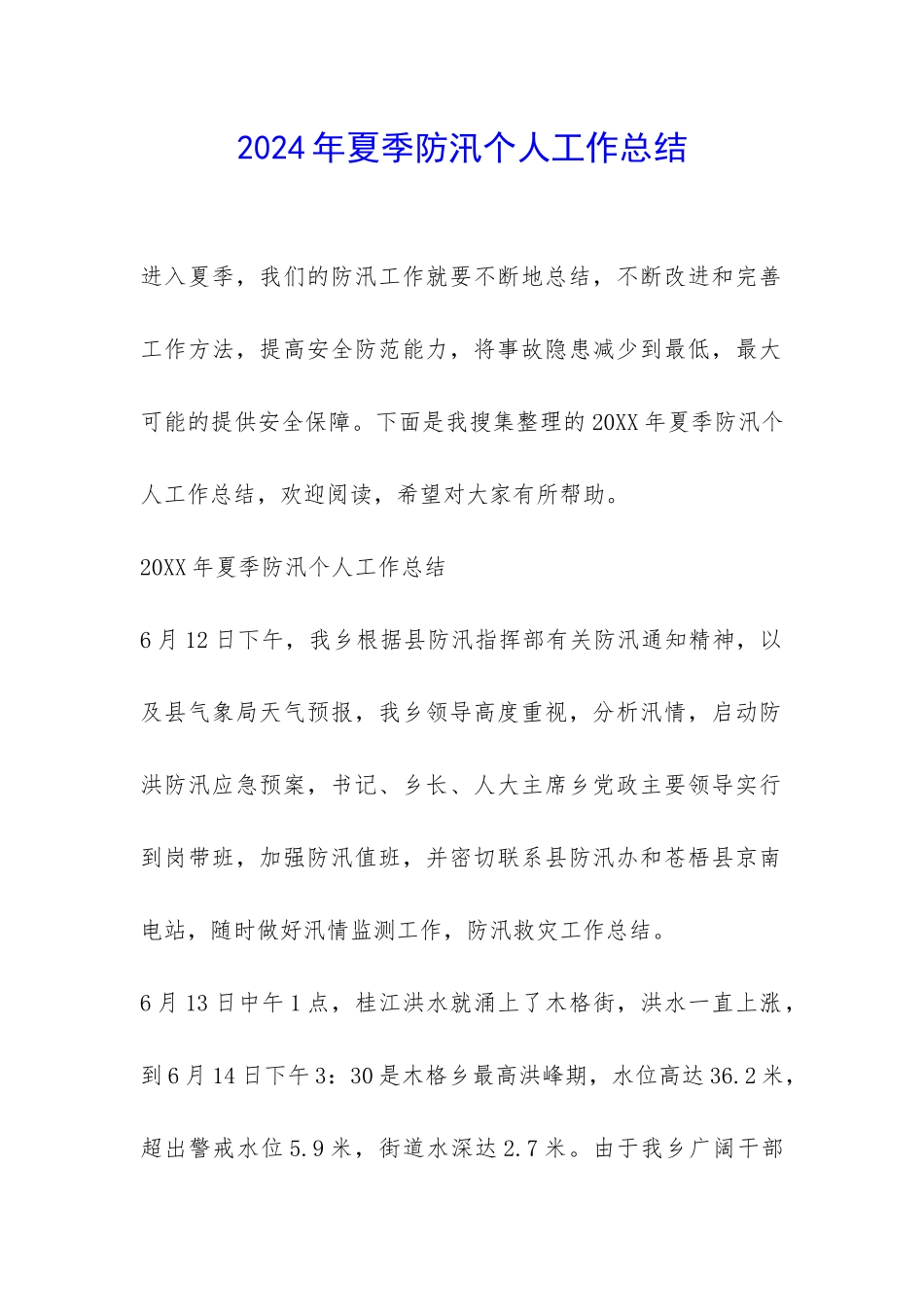 2024年夏季防汛个人工作总结-_第1页