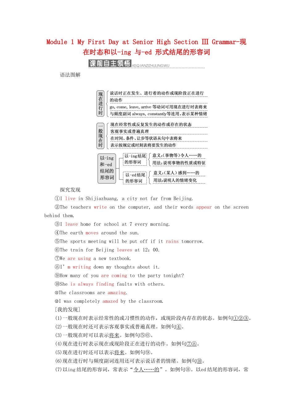 高中英语 Module 1 My First Day at Senior High Section Ⅲ Grammar-现在时态和以-ing 与-ed 形式结尾的形容词教学案 外研版必修1-外研版高一必修1英语教学案_第1页