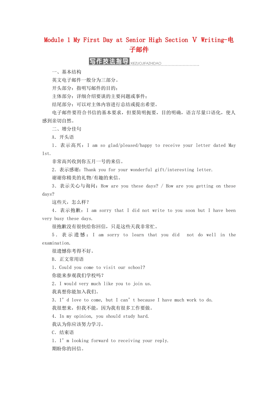 高中英语 Module 1 My First Day at Senior High Section Ⅴ Writing-电子邮件教学案 外研版必修1-外研版高一必修1英语教学案_第1页
