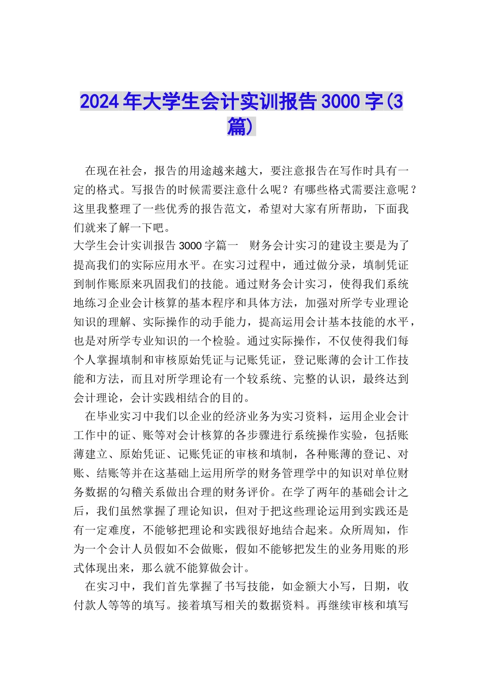 2024年大学生会计实训报告3000字_第1页