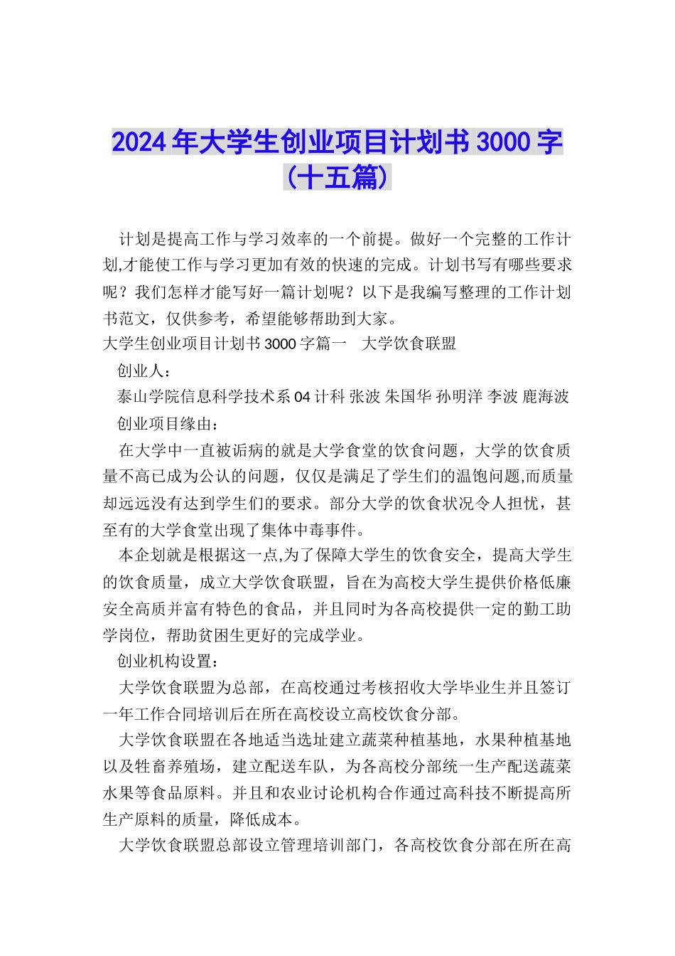 2024年大学生创业项目计划书3000字_第1页