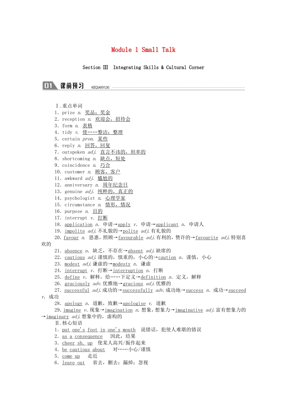 高中英语 Module 1 Small Talk Section Ⅲ Integrating Skills  Cultural Corner学案（含解析）外研版选修6-外研版高二选修6英语学案_第1页
